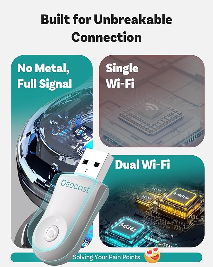 OTTOCAST Mini 2025 Wireless CarPlay & Android Auto 2-in-1 Adapter, Plug & Play, 5GHz WiFi, Auto Connect for iPhone & Android, Fits 98%+ OEM Wired CarPlay Cars