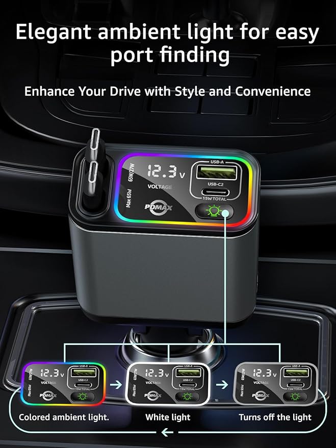 Retractable Car Charger USB C,145W Type C Car Charger Fast Charging with Dual Retractable USB C Cable and USB Ports for iPhone 17/16/15,S25/24/23/22, Pixel 9/8/7(Build-in Dual Type C Cable)