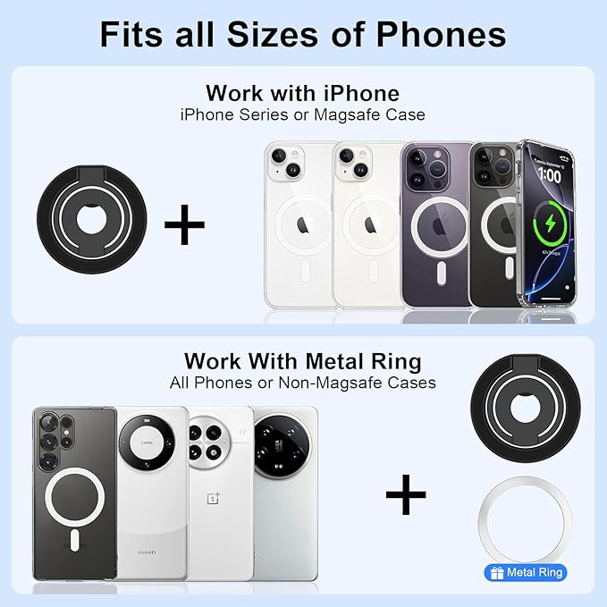 Magnetic Phone Ring Holder for Samsung Galaxy S26 S25 Ultra S25 S24 FE S24 Ultra, Removable Magsafe Phone Grip with Kickstand for iPhone 17 16e 16 Pro Max 16 Plus 15 14 Pro Max, Fit Magnetic Car Mount