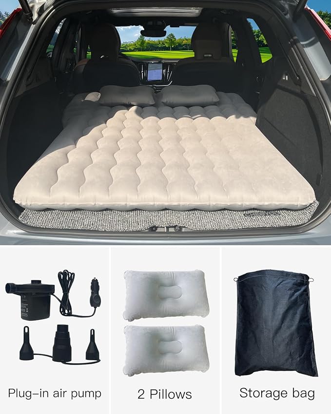 SUV Air Mattress, Inflatable Car Mattress Bottle and Phone Holder Thickened Flocking & PVC Surface Car Bed with Electric Air Pump Travel Mattress for Camping Road Trip (Grey)