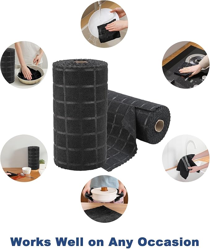 Ferdilan 80 Pack Microfiber Cleaning Cloth Roll,Lint Free Rags Paper Towels & Tear Away Reusable Towels,Washable Shop Rags,Wash Cloths Dish Rags(12" x 12") for Car Kitchen Window Garage-Black