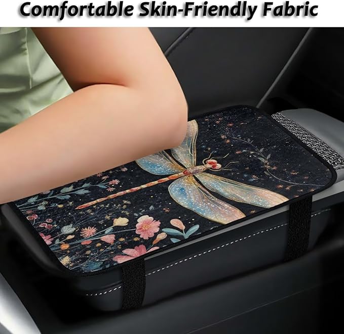 Dragonfly Flower Middle Console Covers Elastic Flannel Center Console Cover Anti-Slip Washable Car Center Console Lid Cover Accessories Compatible with Cars,SUV,Trucks