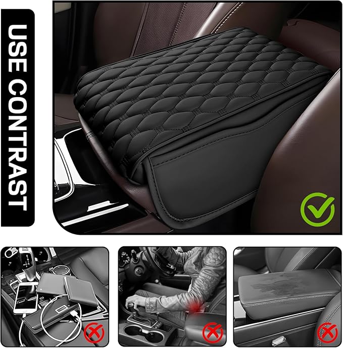 wuyaoyao Car Center Console Cover, 12.13"×8.66"×3.74" Leather Car Armrest Cover with with 2 Side Pockets, Memory Foam Soft Auto Armrest Cushion Pad, Universal Vehicle Arm Rest Protector (Black)