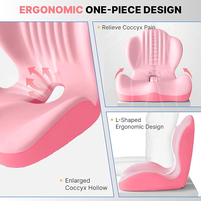 Ergonomic Seat Cushion, Office Chair Seat Cushions with L-Shaped Integrated Design, Memory Foam Orthopedic Cushion with Coccyx Hollow, Lumbar Support & Tailbone Pain Relief for Long Sitting (Pink)