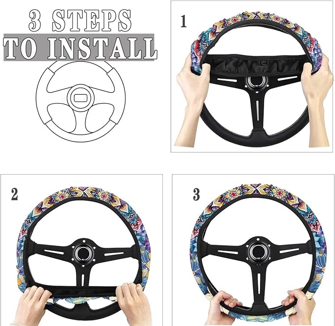 AFPANQZ Car Steering Wheel Covers for Womens Boho Flower Steering Wheel Cover Soft Anti-Slip Rubber Stretch-on Steering Wheel Protector Cover Sweat Auto Accessories Interior Decor