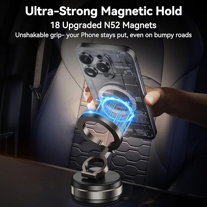ELUTENG Suction Cup Phone Mount for Magsafe 360° Vacuum Magnetic Phone Holder for Car Metal Strut Car Mount Compatible for iPhone 17 16 15 14 13 12 & Samsung Android Magsafe Case