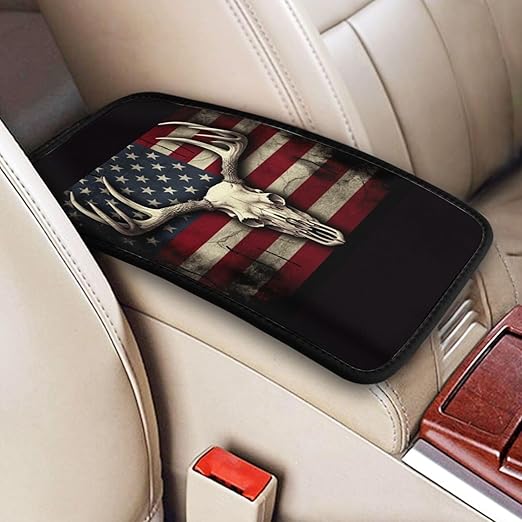 American Flag with A Deer Skull Car Auto Armrest Cushion Cover Accessories Center Console Seat Box Pad Protector Universal Decoration for Most Vehicle SUV Truck