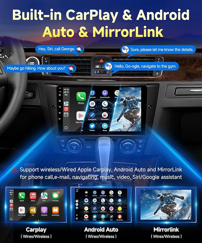 VQU 4G+64G Car Radio for BMW 3 Series 328i 335i 325i 2005-2011 Apple CarPlay Android Auto, 9 Inch IPS Touchscreen for 128i Stereo for BMW E90/E91/E92/E93 GPS Navi FM DSP SWC BT Rear Camera, No Fiber