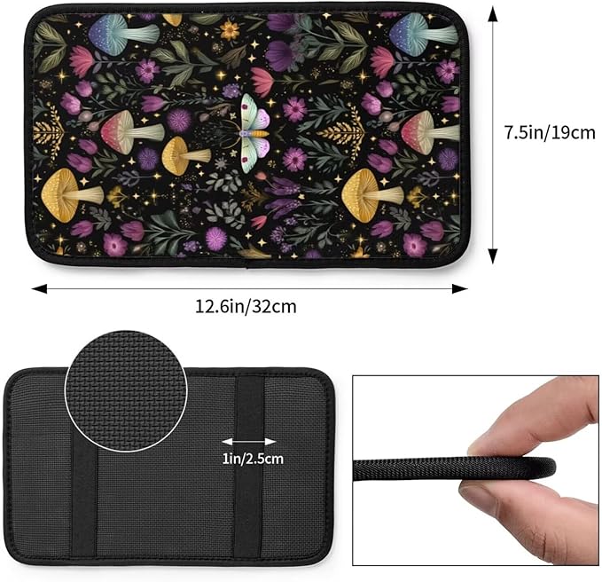 Mushroom Print Center Console Cover Boho Herbs Leaf Armrest Seat Box Covers Protector Black Vintage Car Decor Accessories Scratch Resistant Middle Console Lid Cushion Pad