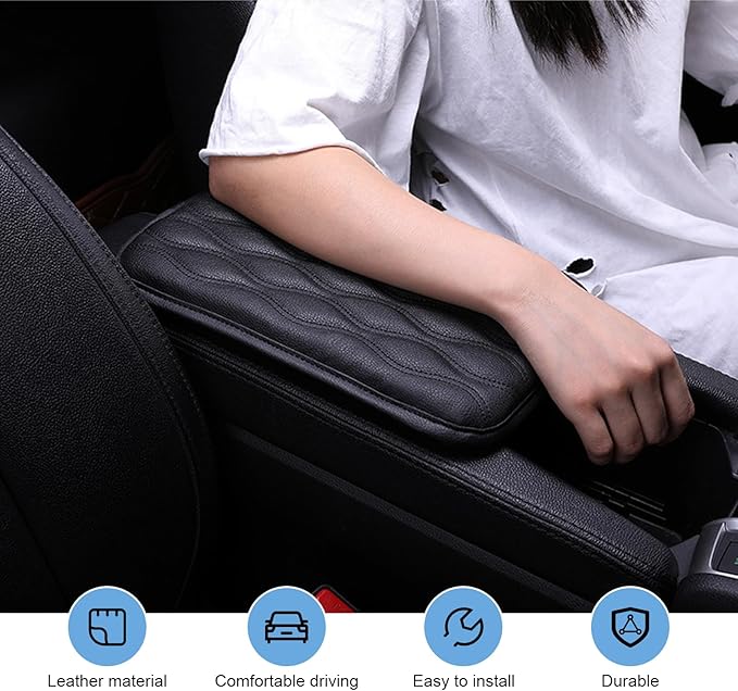 Car Center Console Cover, 11.57 x 8.19IN Leather Armrest Seat Box Cover Pad, Comfortable Waterproof Arm Rest Cover Protector, Car Interior Accessories, Universal for SUV, Truck (Black)