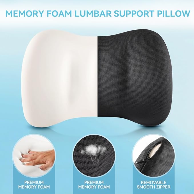 Lumbar Support Pillow for Car Seat and Office Chair, Memory Foam Back Cushion with Breathable Cover and Adjustable Straps for Driving, Ergonomic Orthopedic Back Rest Lower Back Support, Black
