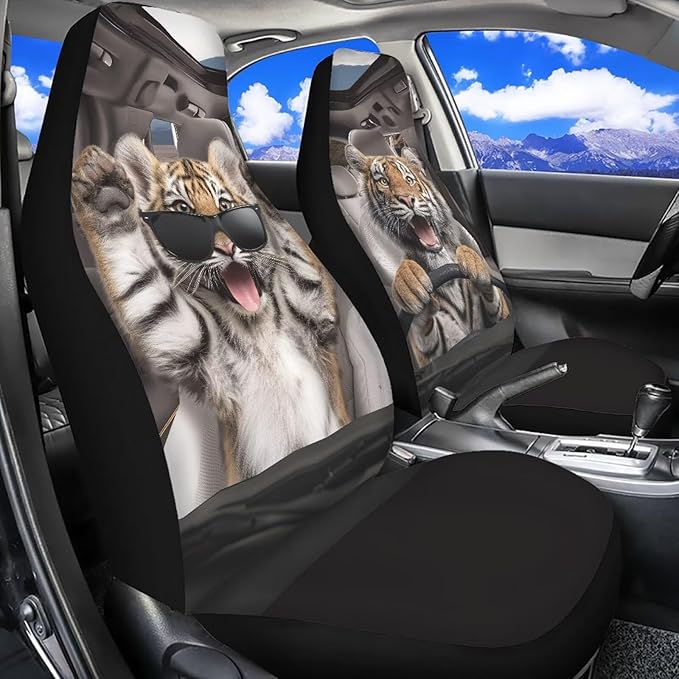 Funny Tiger Car Front Seat Cover Set Decorative Automotive Seat Cushion Covers Soft Front Bucket Seat Cover Fit Most Car Truck SUV Van for Men Women