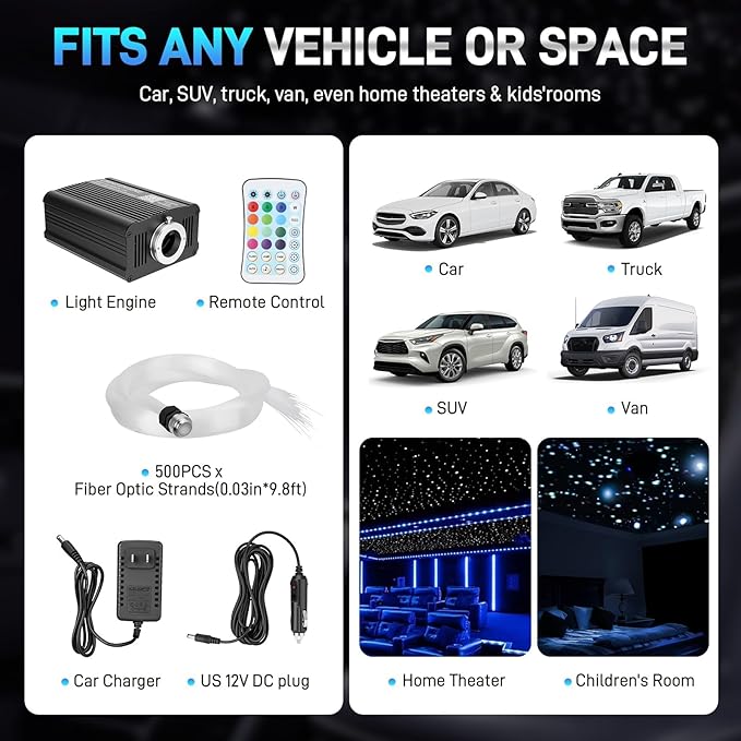 Twinkle Starlight Headliner Kit, 500pcs 0.03in/9.8ft, 16W LED Star Ceiling Fiber Optic Light Kit, APP/Remote Control Star Effect, for Truck SUV Home Ceiling Party Theater