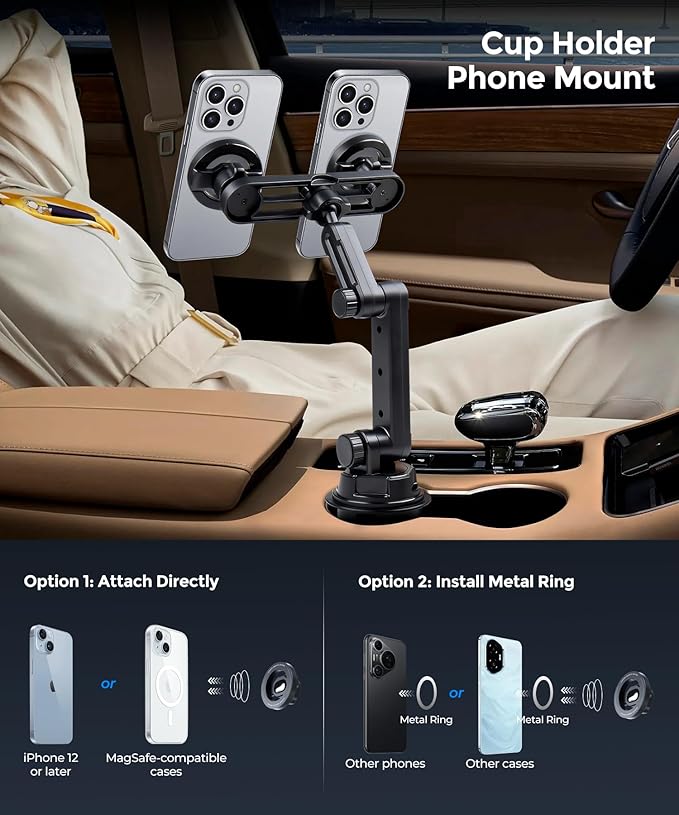 Dual Car Cup Phone Holder - Holds 2 Phones Simultaneously, 1-Second Grab & Release, 360° Rotatable, car Phone Mount Compatible with MagSafe，Fits iPhone/Samsung & 4.0-7.0 Inch Smartphones