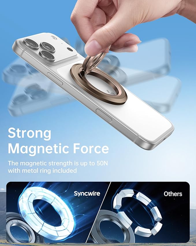 SYNCWIRE for MagSafe Ring Phone Holder, 360° Rotation Magnetic Cell Phone Grip Dual-Sided Magnets Phone Ring Kickstand Compatible with iPhone 17 16 15 14 13 12 Pro Max MagSafe, Android, Samsung etc.