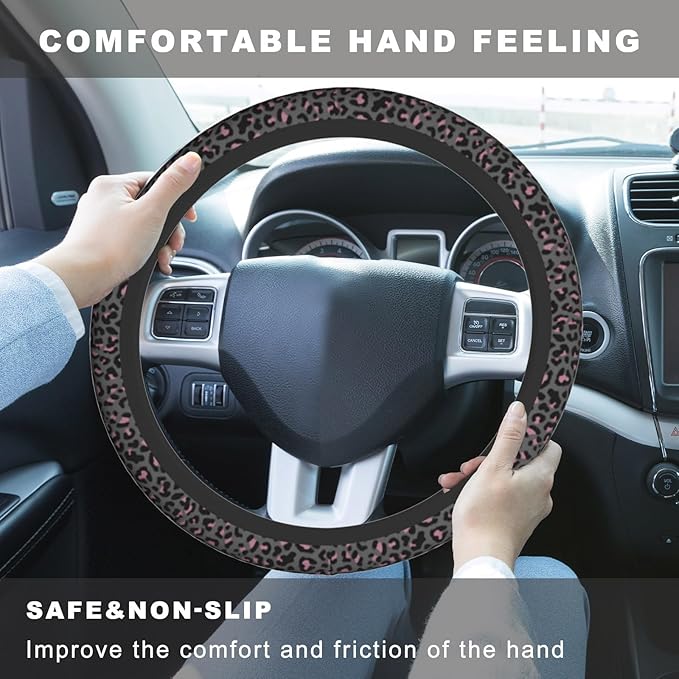 Pink Black Leopard Cheetah Print Steering Wheel Cover, Cute Anti-Slip Breathable Car Accessories Interior Elastic Steering Wheel Cover for Women Fit Auto, SUV Vans Truck Universal 14.5-15 Inch