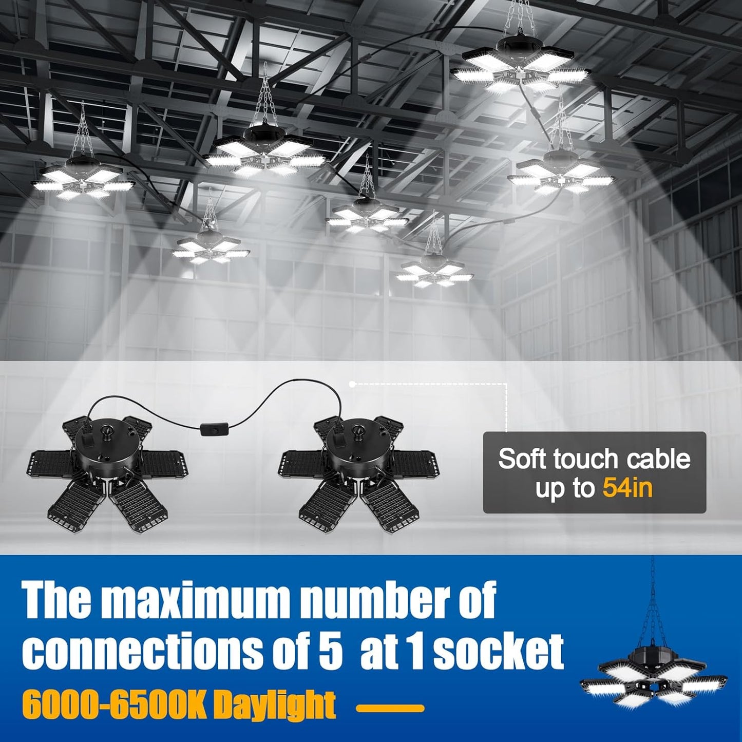 LED Garage Lights 2 Pack - 180W, 18000LM 6500K Led Shop Light with 6+1 Deformable Panels, Basement, Barn, Warehouse, Shop Ceiling Lights, E26/E27 for Multiple Uses