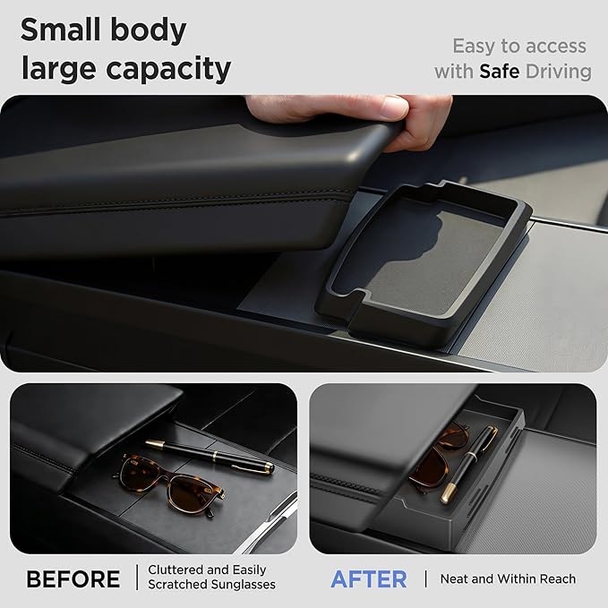 Center Console Organizer Tray for Tesla Model Y Juniper Accessories 2025 2026/For Tesla Model 3 Highland Accessories 2024 2025 2026 [Slide Smoothly/US Patent] Cup Holder Matte Black