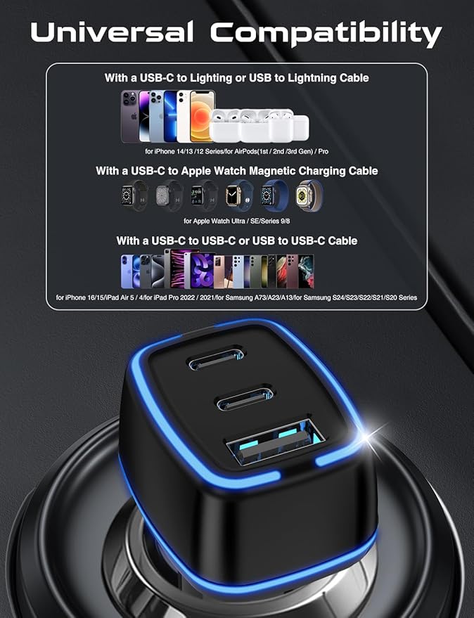 USB C Car Charger, 3 Port PD Super Mini Cigarette Lighter Adapter, 2Pack USB-C & A Fast Car Charging for iPhone 16/15 Pro Max, Galaxy S25/S24, iPad, Pixel, Android Phones,Travel Essentials for Men