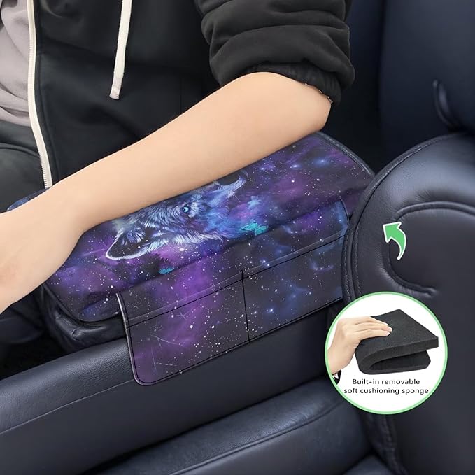 Wanyint Galaxy Wolf Butterfly Car Center Console Armrest Cover Soft Armrest Cover Lid Non-Slip Middle Console Cover with Side Storage Pocket for Car Seat Organizer Universal Fit