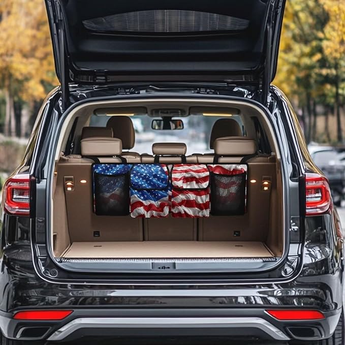 3D American Flag Trunk Organizer Trunk with Lid Hanging Storage Bag Patriotic Design Suv Car Back Seat Organizer,Car Storage Accessories