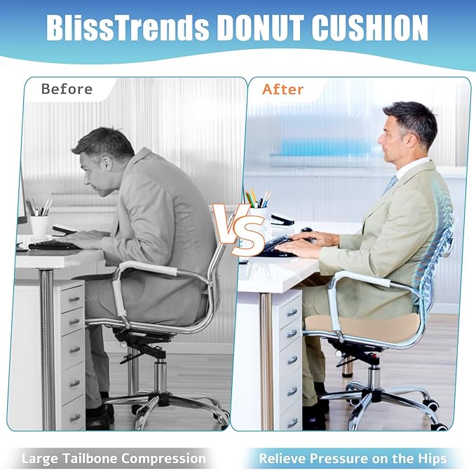 BlissTrends Donut Pillow Seat Cushion, Donut Chair Cushions for Postpartum Pregnancy&Hemorrhoids, Tailbone Pain Relief Cushion, Memory Foam Lifting Cushions for Office & Home Chairs (Khaki, XX-Large)