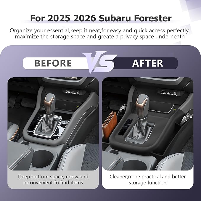 Center Console Organizer Side Pockets Fit for 2025 2026 Subaru Forester Accessories Gear Shift Cover Organizer Seat Gap Storage Box Wireless Charging Silicone Protective Pad (Not for Base & Wildness)