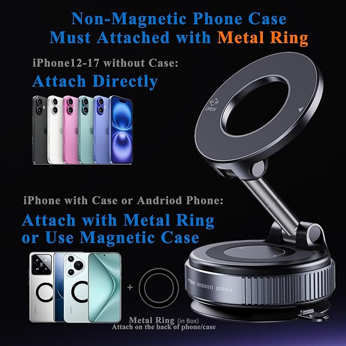 Magnetic Phone Holder for Car,Vacuum Suction Cup Phone Mount,Magsafe Car Mount for iPhone, No Need Charge,Folding Holder for iPhone and Android