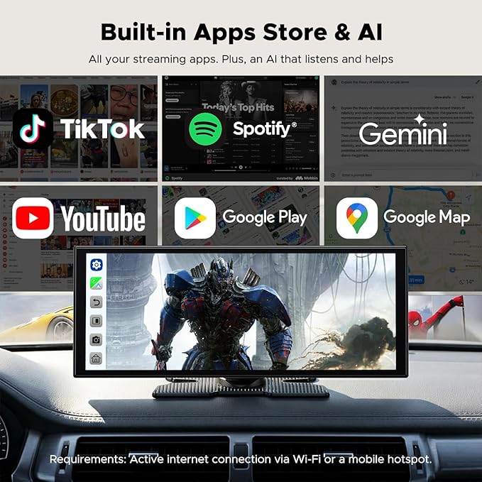 11" AI CarPlay Screen with Full Google-Play Access: Download Apps for Streaming, Gemini & More, 8-Core Processor, Built-in GPS, 1920x720 IPS 60FPS Screen, Android Auto, OTA, 1080P DVR Backup Camera