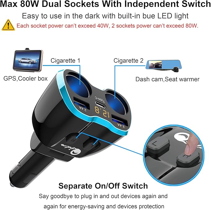 Cigarette Lighter Splitter: USB C 12V Car Charger Adapter 2 Socket Type C Multi 12 Volt Power Outlet 24V DC 80W with LED Voltmeter Switch 6.3A Dual USB Port for Mobile Cell Phone GPS Dash Cam
