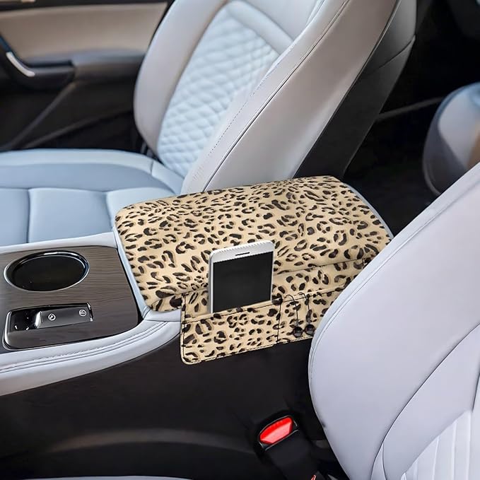 Car Center Console Cover, Leopard Print Soft and Comfortable Car Armrest Box Pad with 4 Storage Bags, Non-Slip Car Interior Accessories Arm Rest Cushion for Car Truck SUV Van