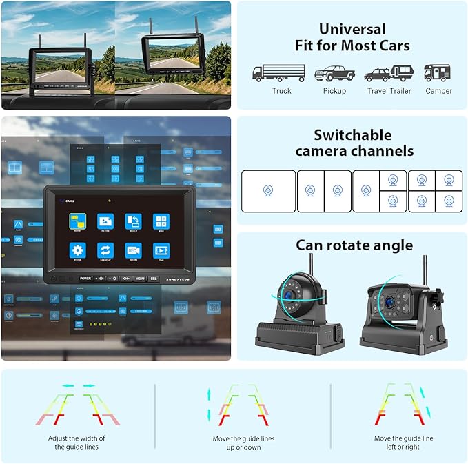 ZEROXCLUB Magnetic Wireless Backup Camera: 7" HD 1080P DVR Monitor with 2 Rear View, 2 Side View Cameras, IR Night Vision, Portable Rechargeable Camera for RV/Trailer/5 Wheels/Camper BC704