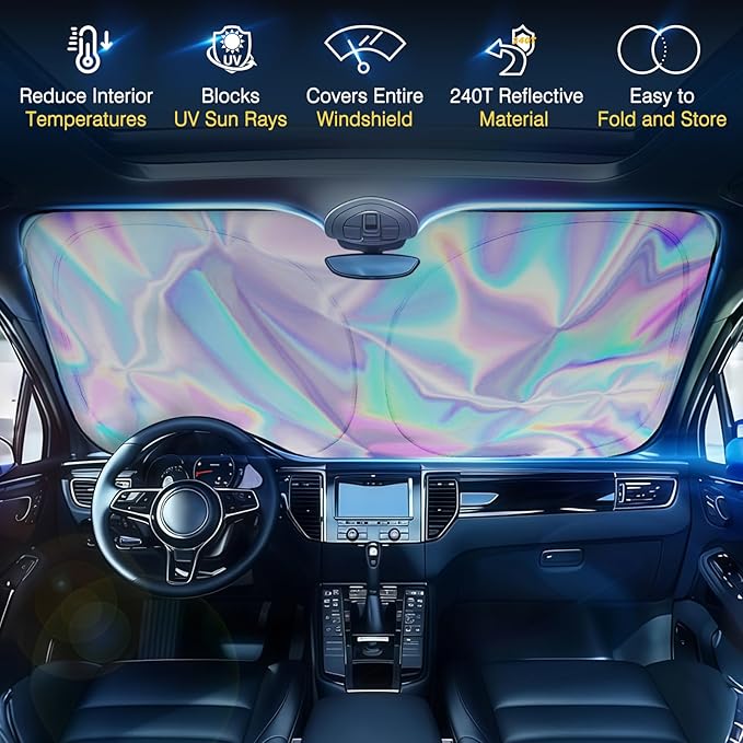 Iridescent Sun Shade for Car Windshield, Foldable Universal Car Windshield Upgrade Sunshade Enhanced UV Rays Reflective Sun Visor Shade Keeps Vehicle Cool