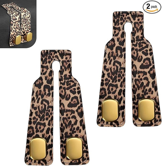 2 PCS Car Seat Back Storage Headrest Hooks, Multi-function Backseat Hanging Organizer for Bag & Phone, Leopard Print Suede Leather Hook, Hidden Storage Accessory for Cars (Brown)