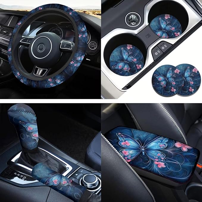 Blue Butterfly Print 6pcs Car Steering Wheel Cover Set Flower Cup Coaster Handbrake Gear Cover Armreat Cushion Car Interior Decor Protector Fit for SUV Truck Sedan