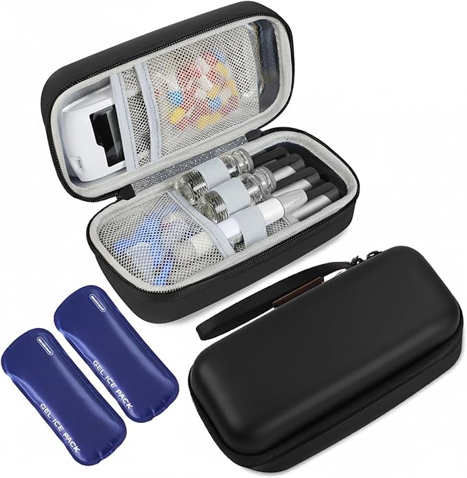 Insulin Cooler Travel Case, Portable EVA Medicine Travel Cooler, Diabetes Case with 2 Reusable Ice Packs TSA Approved for Diabetic Supplies Patent Pending(Black-No Temp)