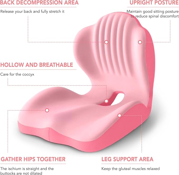 Ergonomic Lumbar & Seat Support Cushion, 2-in-1 Memory Foam Cushion with Coccyx Hollow Design for Office Chair, Car Seat, Home Use - Relieves Back & Hip Pain (Pink)