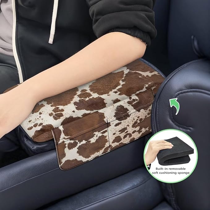 Wanyint Brown Beige Cow Print Car Center Console Pad Comfortable Armrest Box Protector Soft Hand Rest Pillow for Car Seat Organizer Arm Rest Cushion Protective Cover Automobile Decor