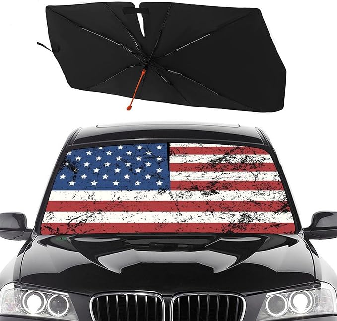 Retro American Flag Car Windshield Sun Shade Umbrella Foldable America Patriot Sunshade for Front Window Auto Windshield Sunshade Covers USA Car Accessories Protect from Sun Rays Heat 57'' X 30''