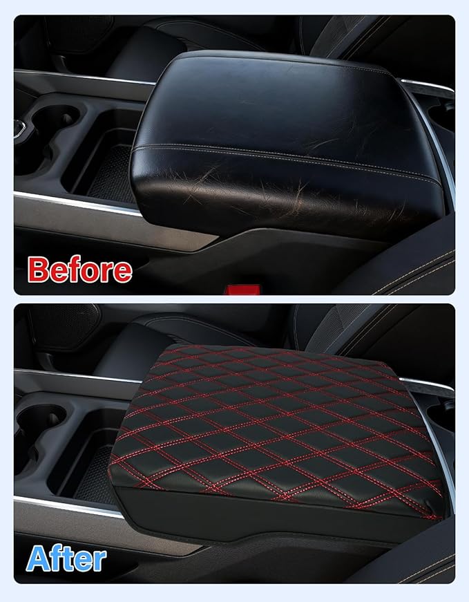 Center Console Cover for 2019-2026 Dodge Ram 1500 2500 3500 Accessories, Vinyl Leather for 5th Ram 1500 Armrest Cushion Pad Anti-Scratch, Black/Red Stitching(Bucket Seat Only)