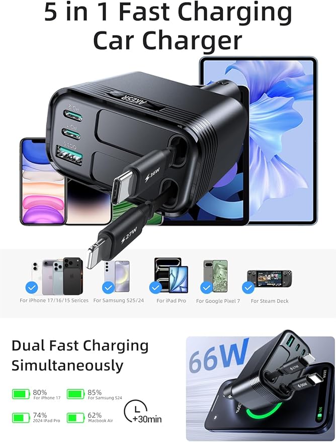 AKESR 5-in-1 Retractable Car Charger for iPhone 17, 66W USB-C Car Adapter A Versatile Gift for Both Men and Women, for iPhone 17/16/15/14/13/12 and Android for Samsung S25 Series.