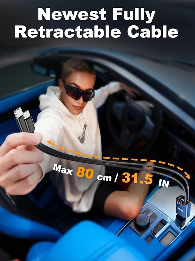 Bluetooth Car Adapter with Retractable Charger,[Upgrade] Bluetooth 5.4 FM Transmitter for Cars, 4 in 1 Fast Car Charger 69W, Handsfree Call, 2*Retractable Cable for iPhone 17/16/15/14, Galaxy-Blue