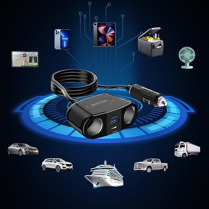 BESTEK 4 in 1 Cigarette Lighter Splitter-150W Cigarette Lighter Adapter with Dual 12v Splitter QC3.0 and USB-C PD30W, Cigarette Lighter USB Charger Fast Charger for Dash Cam, GPS, iPad/Laptop/Phone