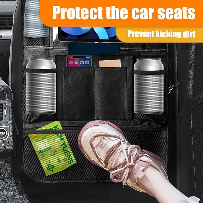 ZIMISI Car Backseat Organizer, Oxford Cloth Kick Mats Back Seat Protector with 9 Pockets & Clear Tablet Holder, Universal Waterproof Car Road Trip Essentials Storage Accessory (1PC)
