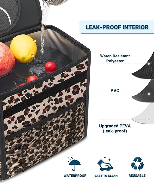 Capolo Car Trash Can with Lid, Leakproof Car Trash Bag Hanging Waterproof Automotive Garbage Can with Storage Pockets Mini Vehicle Trash Bin for Back/Front Seat(Leopard,3 Gallon)