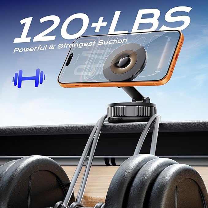 Magnetic Car Phone Holder, Strong Magnet with Vacuum Suction Cup Dashboard Mount, 360° Rotatable Adjustable Angle, Foldable Lightweight Car Phone Stand for iPhone 17/16/15/14/13/12 Pro Max