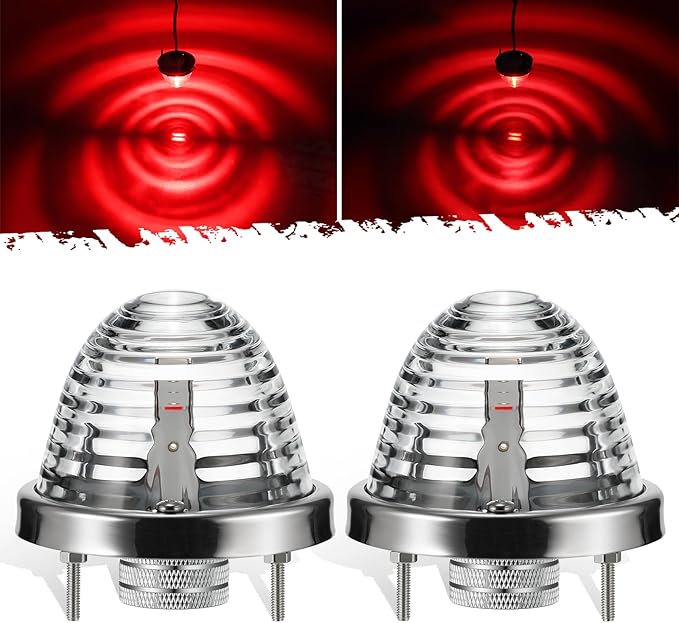 Partsam 2Pcs Clear Glass Lens Red LED Watermelon Lights, Round Shape Light Watermelon Underglow Lights Turn Signal for Semi Truck Pickup, Compatible with Freightliner Kenworth Peterbilt