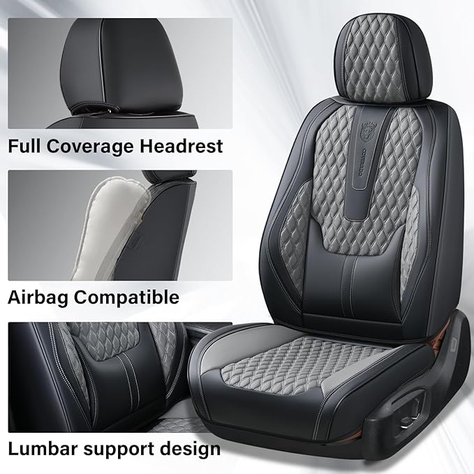 Coverado Car Seat Covers Full Set, Nappa Leather Seat Covers for Car, Waterproof Car Seat Protector with Lumbar Support, Automotive Seat Covers Universal Fit for Most Cars SUV Trucks (Black&Gray)