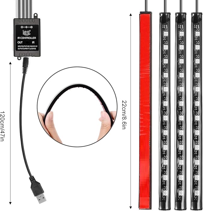 Car LED Strip Lights Christmas, 4Pcs 48 LED Interior Lights, Multicolor Music Car Strip Light Under Dash Lighting Kit with Sound Active Function and Remote Controller, DC 5V
