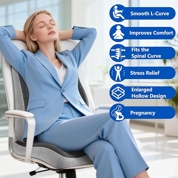 Lumbar Support Pillow for Office Chair,Seat Cushion with Back Support,Office Chair Cushion for Tailbone Pain,Sciatica and Hemorrhoid Relief (Grey)